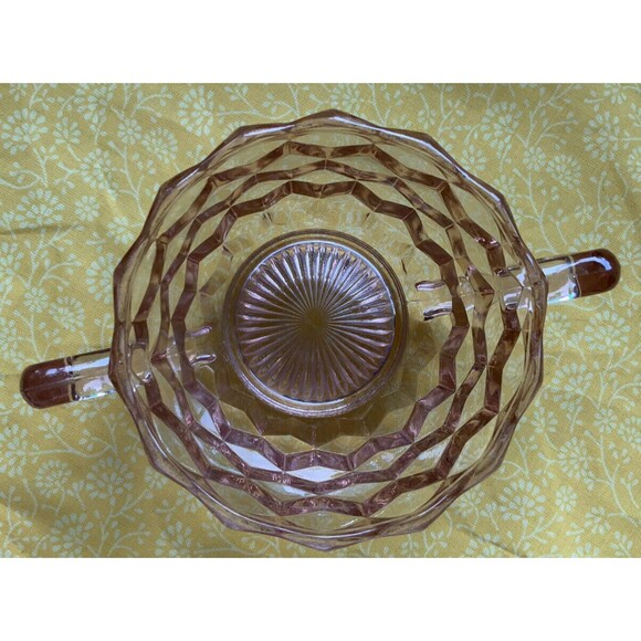 Vintage Pink Depression Glass Sugar Bowl Cubist  By Jeanette - Picture 2 of 3